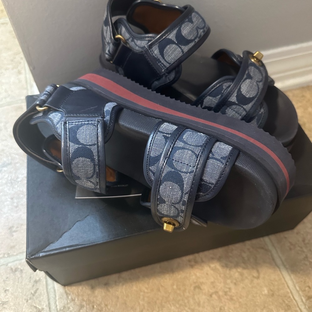 Coach Navy and Red Logo Platform Sandals